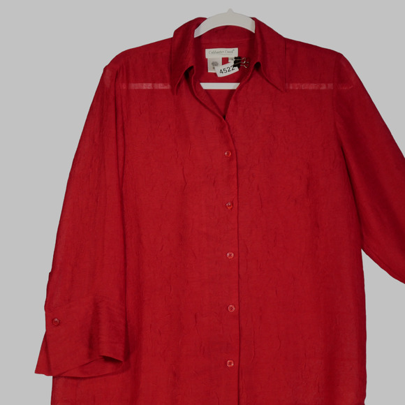 Coldwater Creek Blouse Womens Small Red Top Shirt P Button Textured Sheer - Picture 2 of 7
